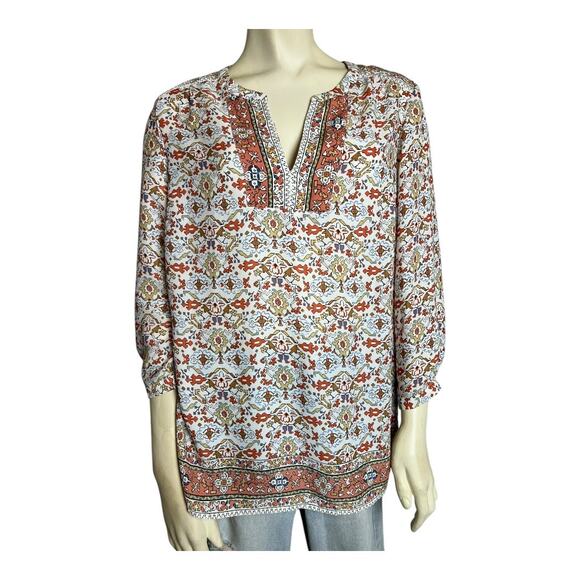 Boho Hippie Retro Shirt Blouse Top Artisan NY M Medium MCM Print indie Tunic - Picture 3 of 8